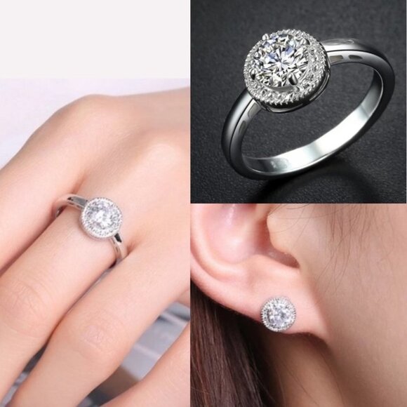 NEW Silver Zirconia Ring Sz 6 & Ear Studs Set - Picture 1 of 9